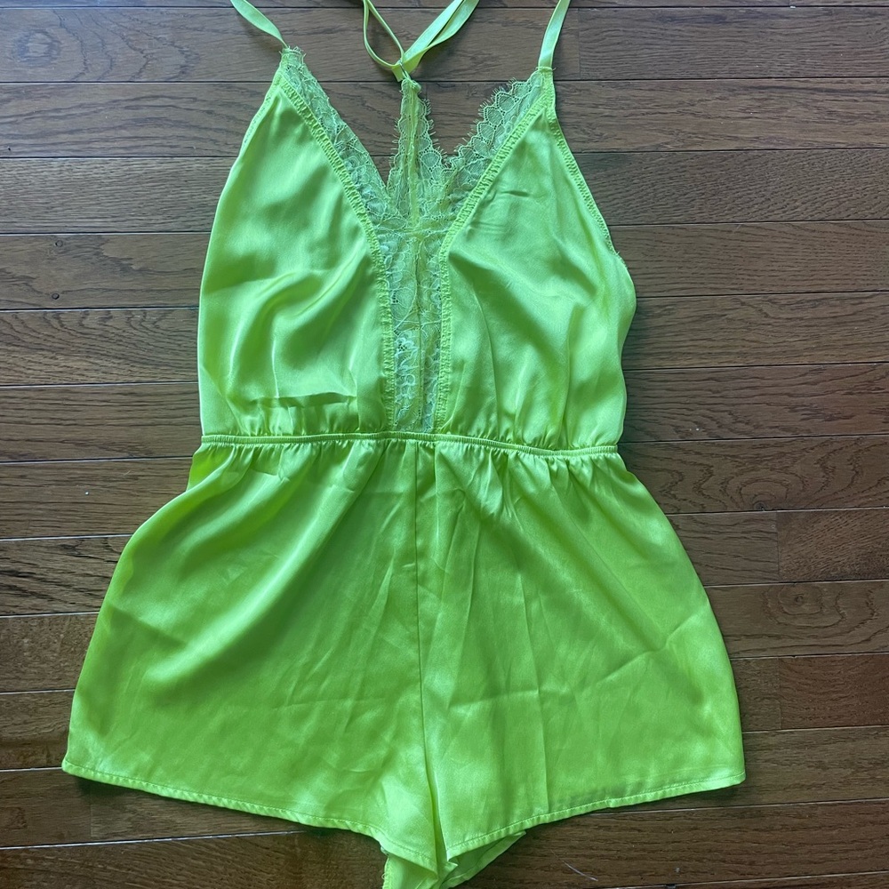 Lime Green Lace Trim Satin Romper